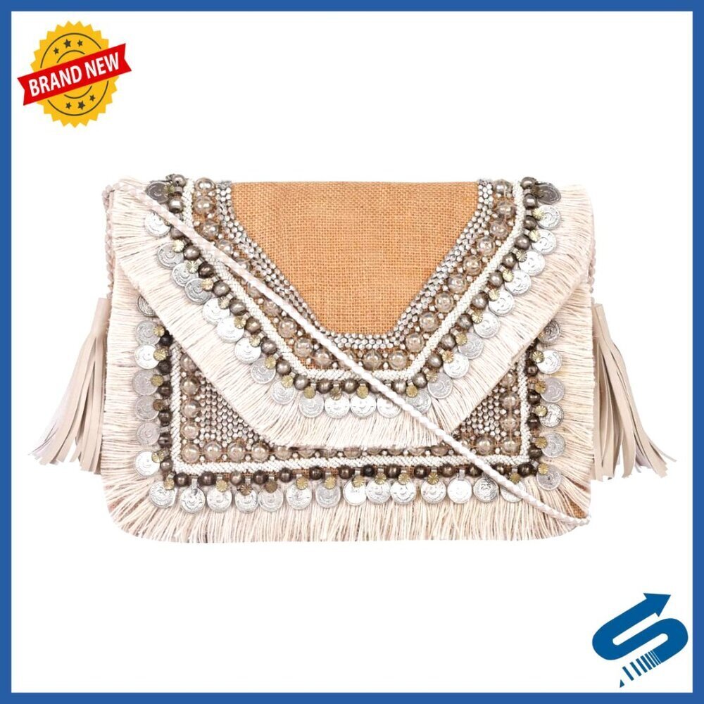 Hand-Embroidered Straw Clutch Crossbody Bag Elegant Boho Chic Evening Purse